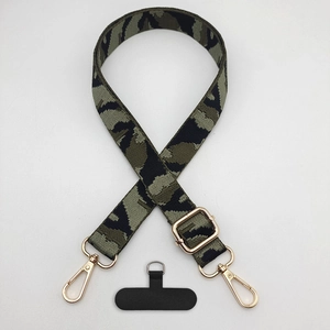 Detail of camouflage phone strap with wide green pattern and golden metal hook