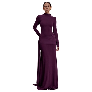 Elegant deep purple slim fit long sleeve maxi dress with stylish side drape and ruched detail