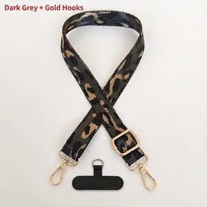 Detail of adjustable leopard print jacquard phone lanyard with gold metal hooks and clip