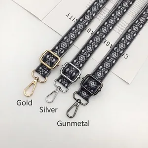 Bohemian geometric jacquard wide shoulder strap with gold, silver, and gunmetal hardware
