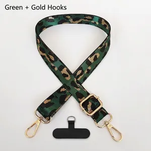 Detail of green leopard print polyester strap with gold lobster hooks and phone pad