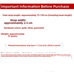 Detailed specs for 2.5cm diamond pattern bag strap showing adjustable 73-130cm length