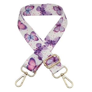 Adjustable floral bag strap with purple butterfly patterns and light gold metal hardware