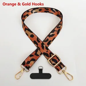 Detail of adjustable leopard print strap with gold metal hooks and black phone patch