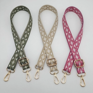 Detail of jacquard ethnic pattern phone straps with golden adjustable metal hardware