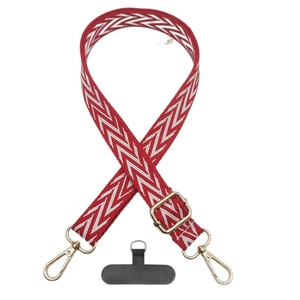 Adjustable red and white woven phone lanyard with golden metal hooks and tether tab