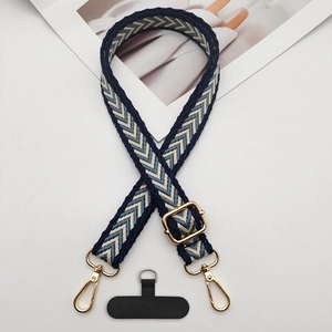 Adjustable crossbody phone lanyard with blue beige woven strap and golden metal hooks