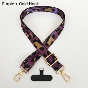 Adjustable purple leopard print lanyard strap with gold metal hooks and phone connector
