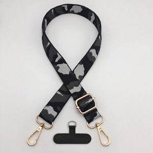Adjustable leopard pattern phone strap with gold hooks and universal connector pad