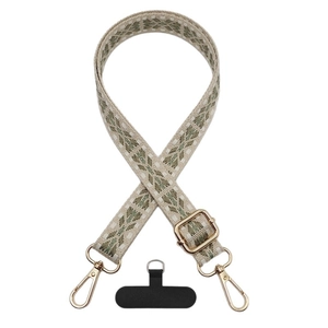 Adjustable crossbody phone lanyard with retro diamond pattern and gold metal hooks
