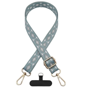 Adjustable ethnic jacquard phone lanyard with grey-blue geometric pattern and golden clips