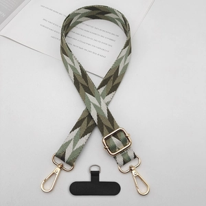 Détail d'un cordon de téléphone ajustable en polyester avec boucle dorée et languette