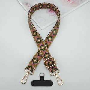 Adjustable bohemian diamond pattern phone lanyard with gold hardware and strap connector