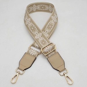 Adjustable bohemian wide woven shoulder strap with beige embroidery and gold metal clips