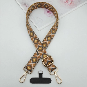 Detail of adjustable crossbody phone strap with geometric diamond woven pattern and gold clips