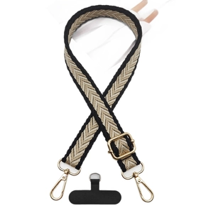 Adjustable crossbody phone lanyard strap with chevron pattern and gold metal hooks