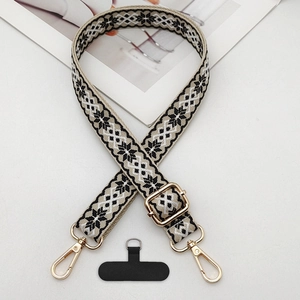 Bohemian geometric pattern phone strap with gold lobster claw clips and adjustable buckle