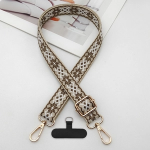 Ethnic style jacquard phone strap with geometric pattern and golden lobster clasps
