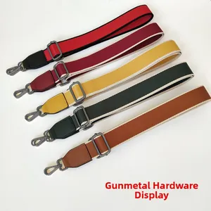 Adjustable colorful nylon bag straps with durable gunmetal hardware and leather ends