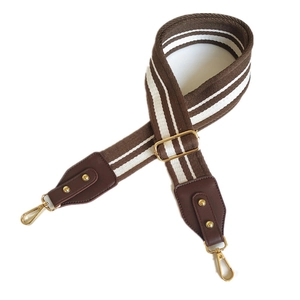 Adjustable 5cm wide striped shoulder strap with gold metal hooks and leather ends