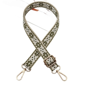 Adjustable ethnic embroidered bag strap with olive green geometric jacquard and gold hooks