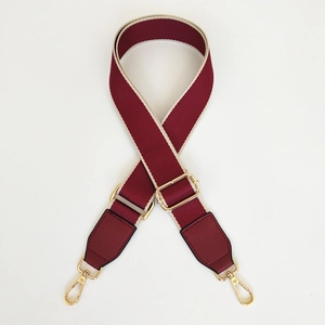 Burgundy ethnic style woven bag strap with beige details and gold metal lobster clasps