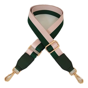 Adjustable dark green and pink striped bag strap with gold metal swivel hooks