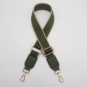Macro view of olive green woven bag strap with golden metal lobster clasps and adjusters
