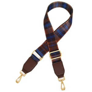 Adjustable wide plaid shoulder strap with blue-brown pattern and gold metal buckles