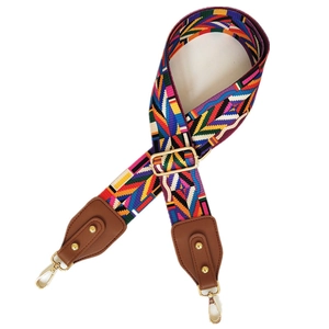 Ethnic style colorful wide adjustable nylon bag strap with leather ends and gold hardware