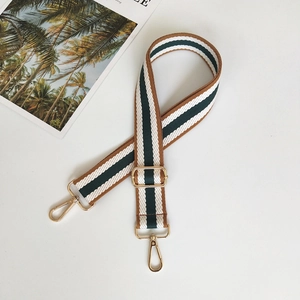 Detail of adjustable woven shoulder strap with green and brown stripes and gold hardware