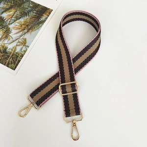 Detail of adjustable woven handbag strap with colorful stripes and gold metal lobster clasps