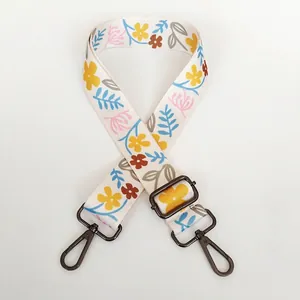 Detail of adjustable floral woven bag strap with gunmetal swivel lobster clasps