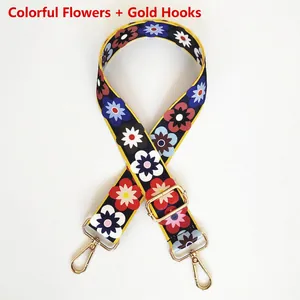 Detail of adjustable floral shoulder strap with durable colorful fabric and gold metal hooks
