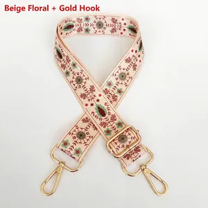 Detail of adjustable flower pattern woven bag strap with golden metal swivel hooks
