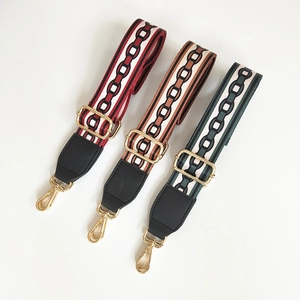 Detail of adjustable woven straps with geometric patterns and gold lobster clasps