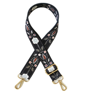 Adjustable floral embroidered bag strap with vintage ethnic pattern and gold metal hooks