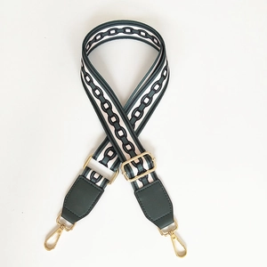 Adjustable wide replacement shoulder strap with green retro chain pattern and gold metal hooks