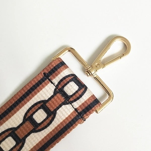Close-up of geometric pattern strap with high-quality golden hardware for handbags