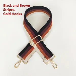 Close-up of adjustable striped canvas strap with gold metal lobster claw hooks