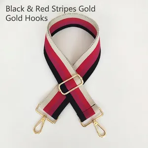 Adjustable striped canvas shoulder strap for women bags with gold metal lobster clasps