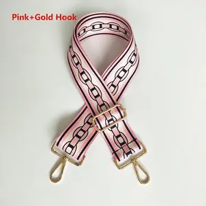 Close-up of pink chain pattern canvas bag strap with golden hooks and adjuster