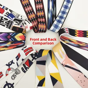 Front and back comparison of colorful adjustable geometric patterned webbing bag straps
