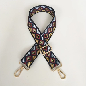 Adjustable wide canvas shoulder strap with vintage geometric pattern and gold clips