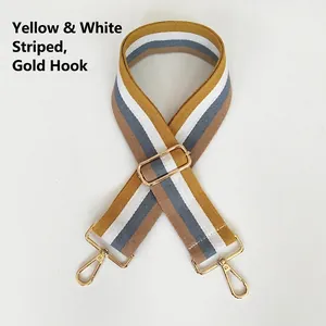 Detail of adjustable striped canvas strap with yellow, white, and blue-grey pattern and gold hooks