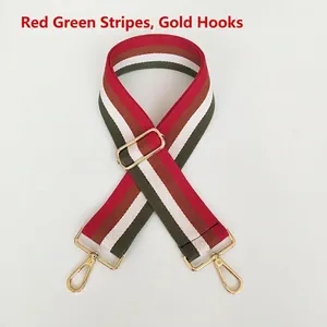 Close-up of adjustable striped canvas strap with red-green pattern and gold hooks