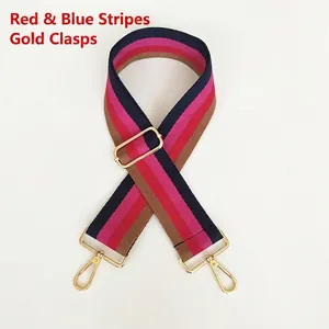 Close-up of multicolor striped bag strap with gold metal hooks and adjustable buckle