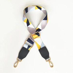Adjustable colorful wide purse strap with geometric pattern and gold metal hooks