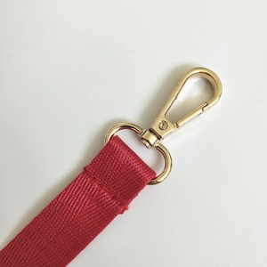 Close-up of red nylon strap with a gold metal lobster clasp and durable woven texture