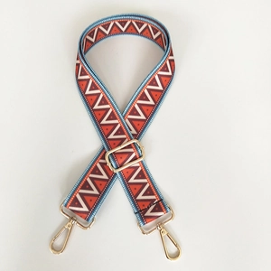 Adjustable wide canvas shoulder strap with ethnic geometric pattern and gold clips